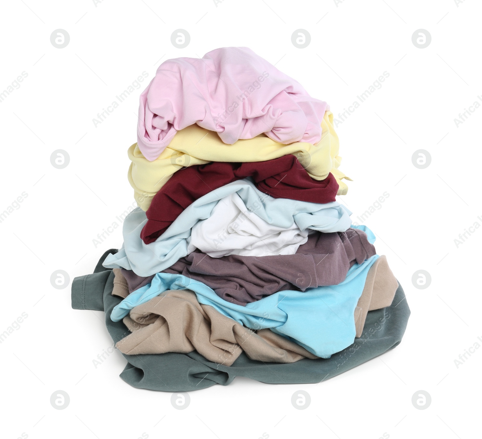 Photo of Pile of colorful clothes isolated on white