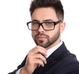 Portrait of young businessman on white background