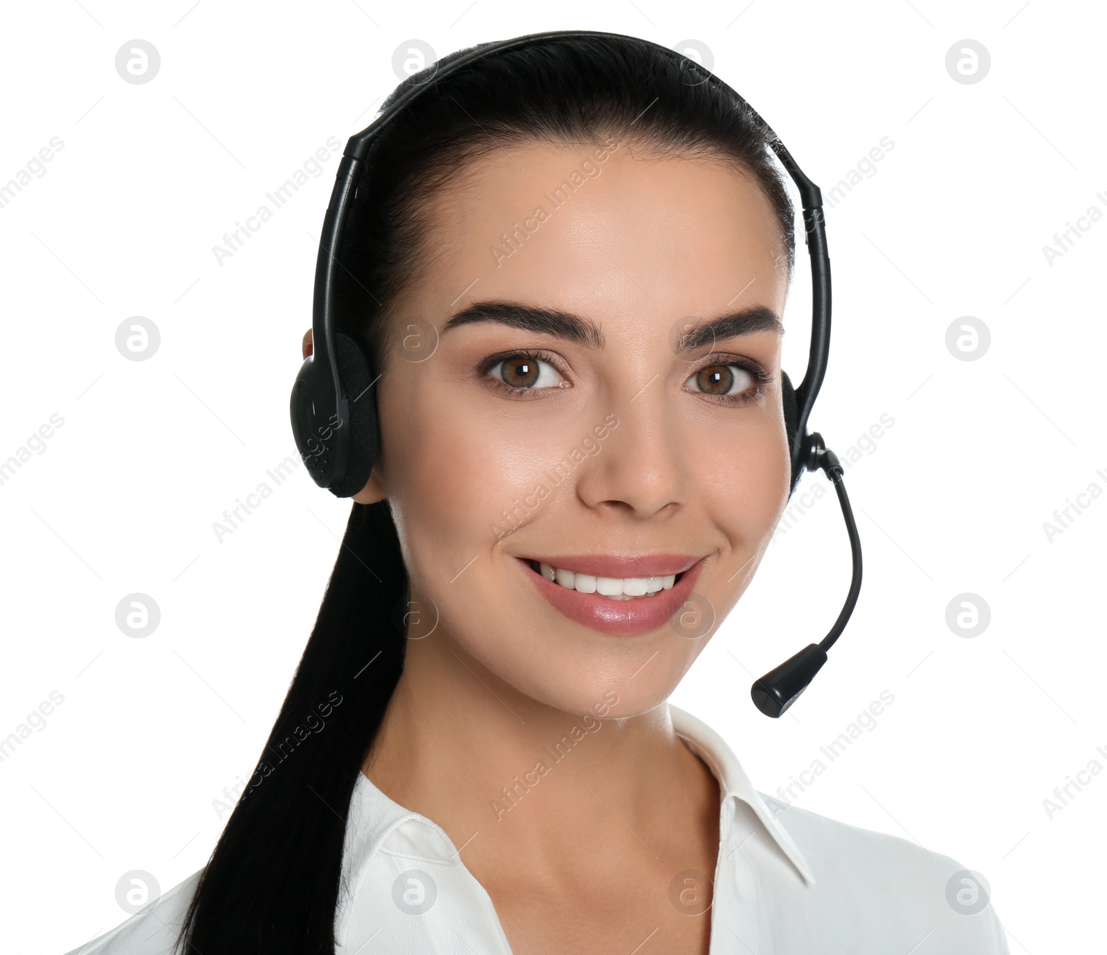 Photo of Beautiful young consulting manager with headset on white background