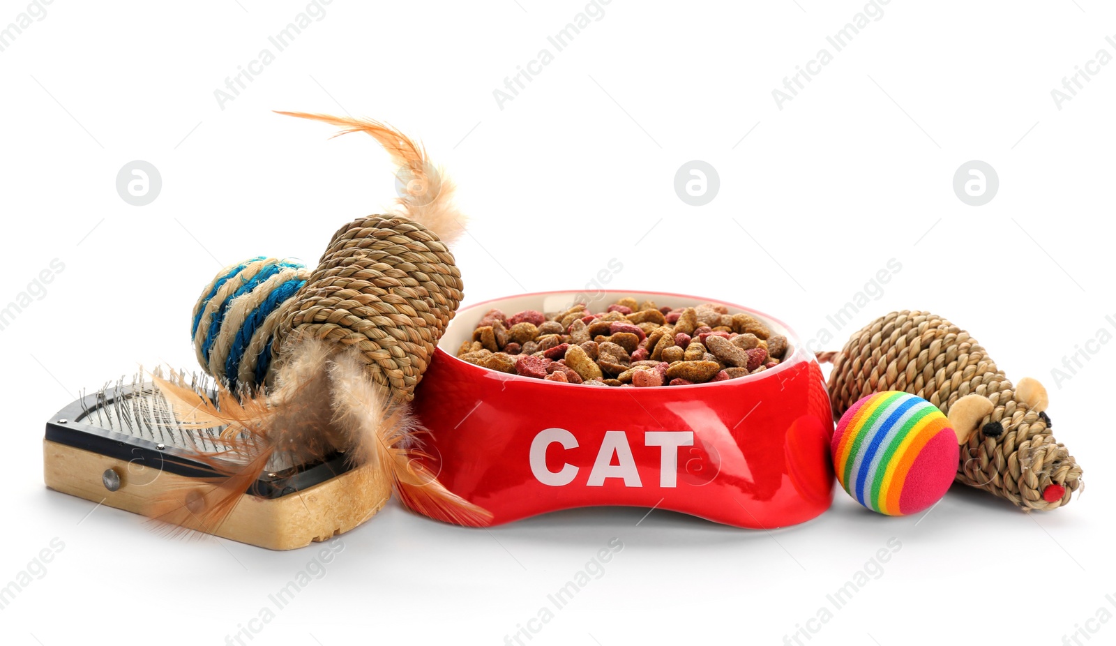 Photo of Cat toys and accessories on white background. Pet care
