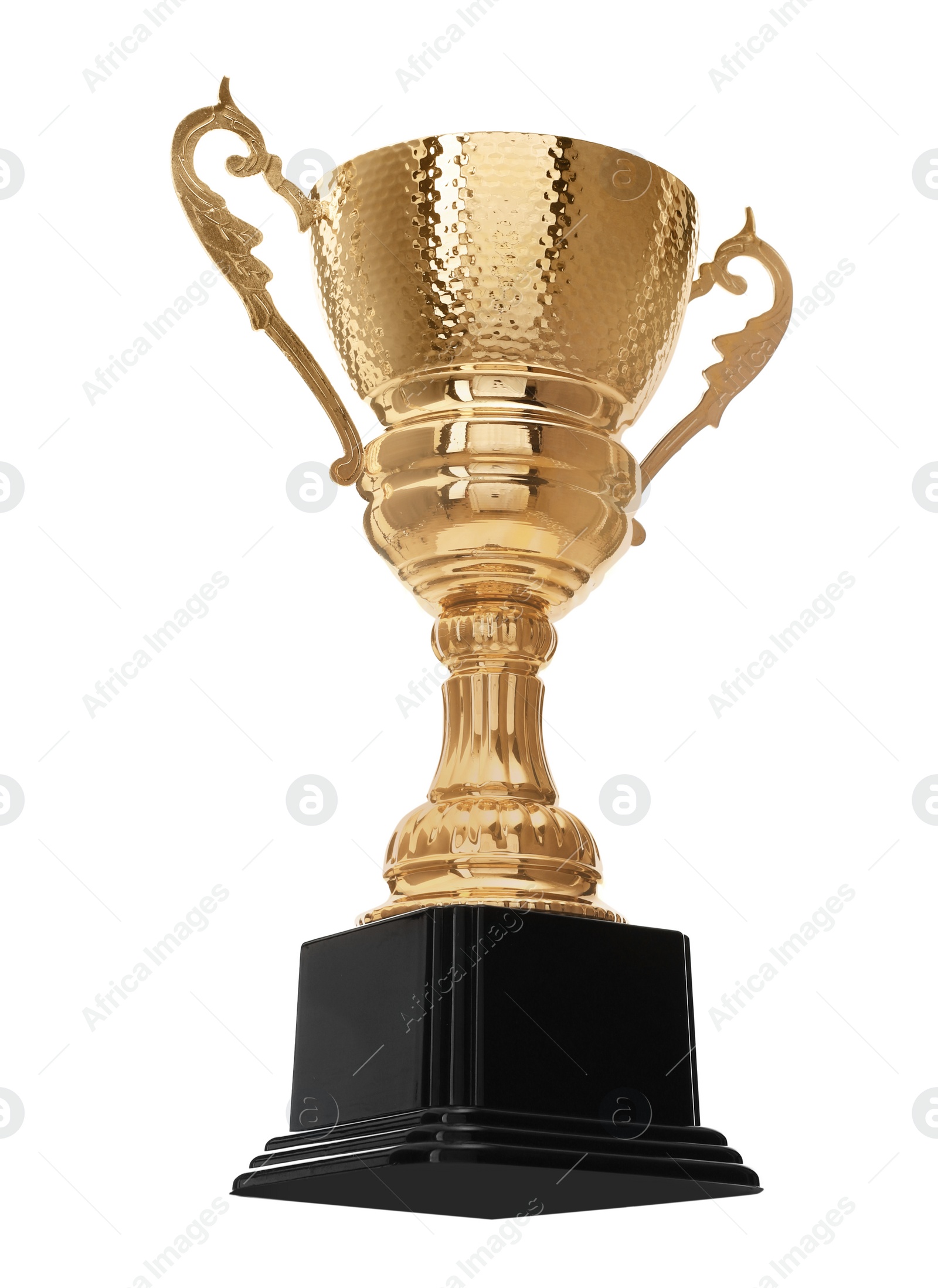 Photo of Shiny gold cup on white background. Winner's trophy