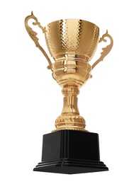 Shiny gold cup on white background. Winner's trophy