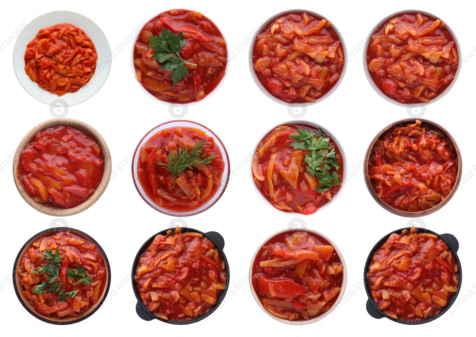 Image of Set of lecho in dishware on white background, top view