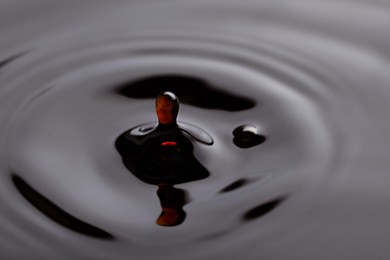 Photo of Splash of soy sauce with drop as background, closeup