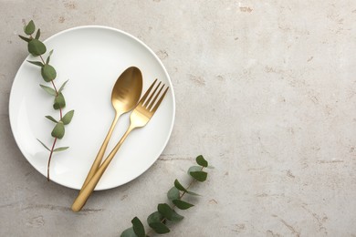 Stylish setting with cutlery, eucalyptus branches and plate on light grey table, top view. Space for text