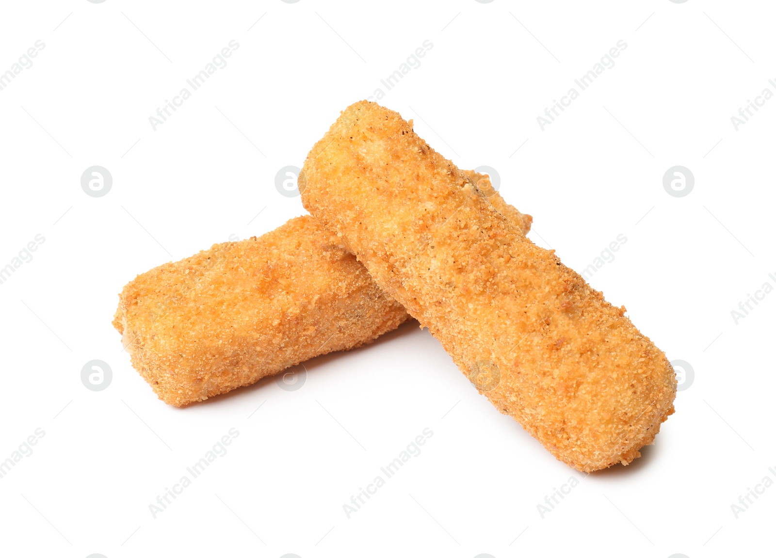 Photo of Tasty crispy cheese sticks on white background