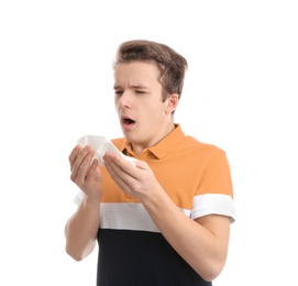 Photo of Teenage boy suffering from cough isolated on white