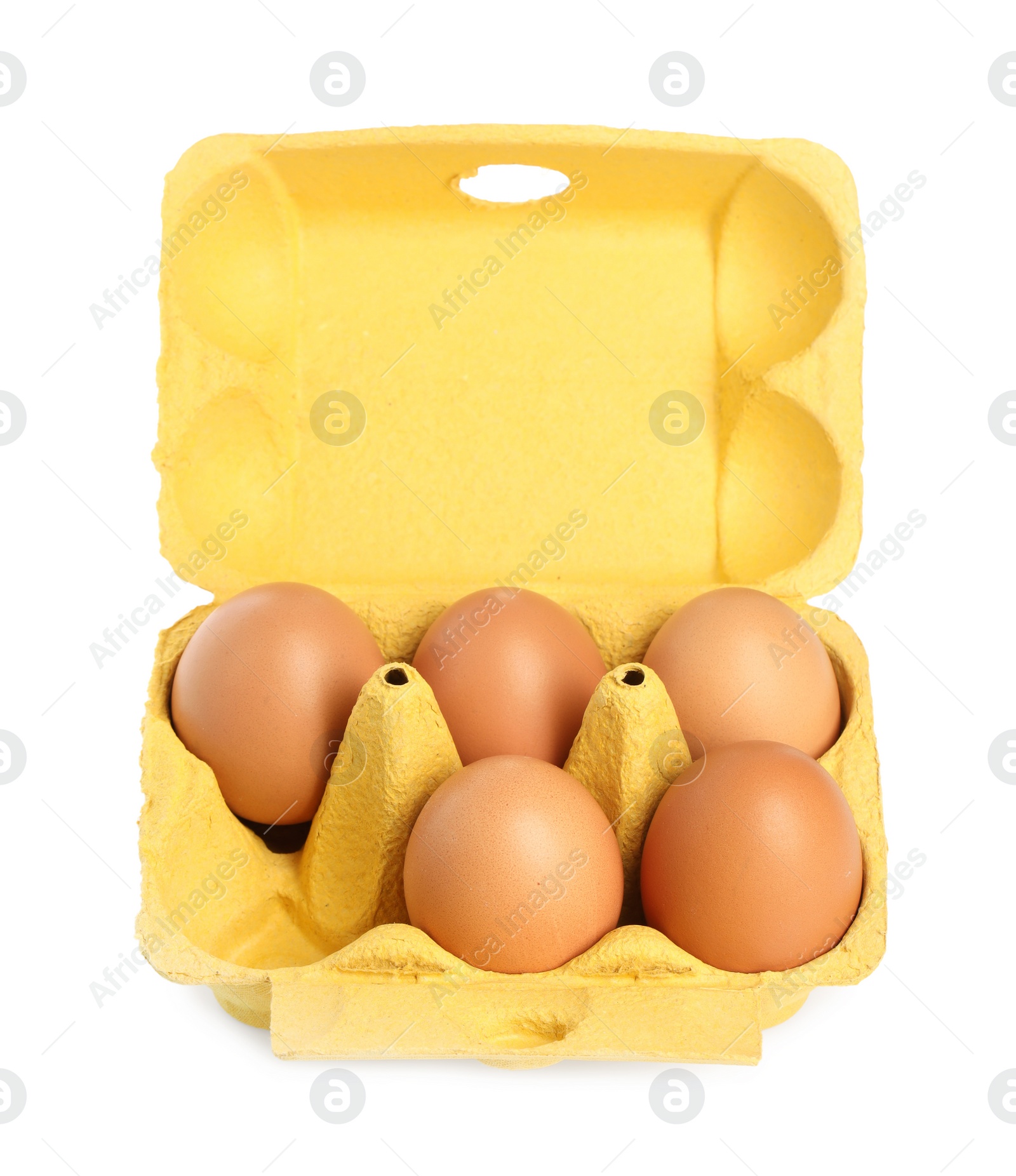 Photo of Chicken eggs in carton isolated on white