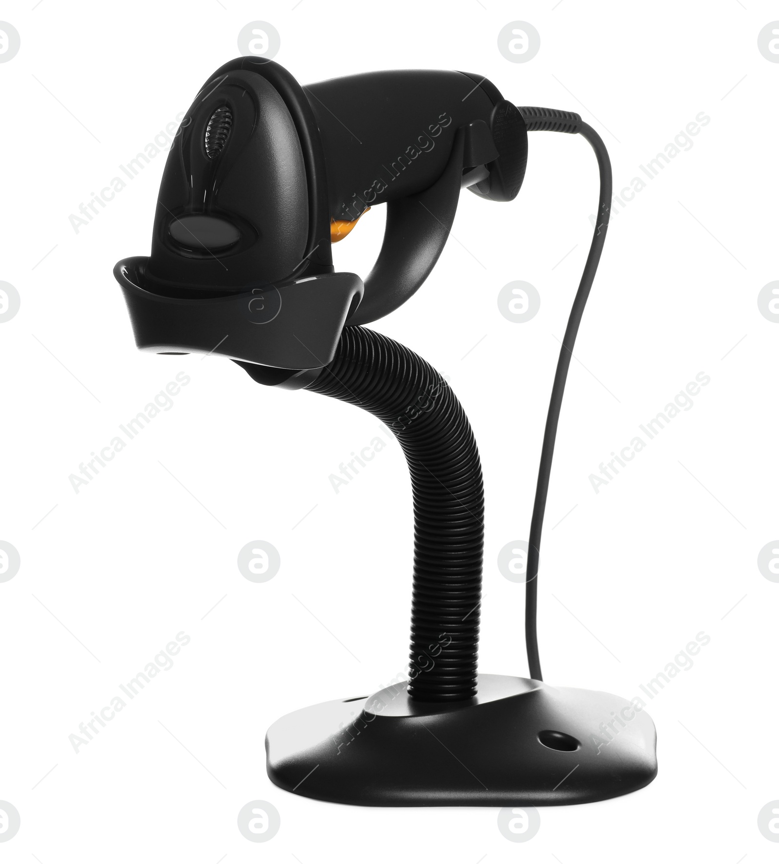 Photo of Stand with barcode scanner isolated on white