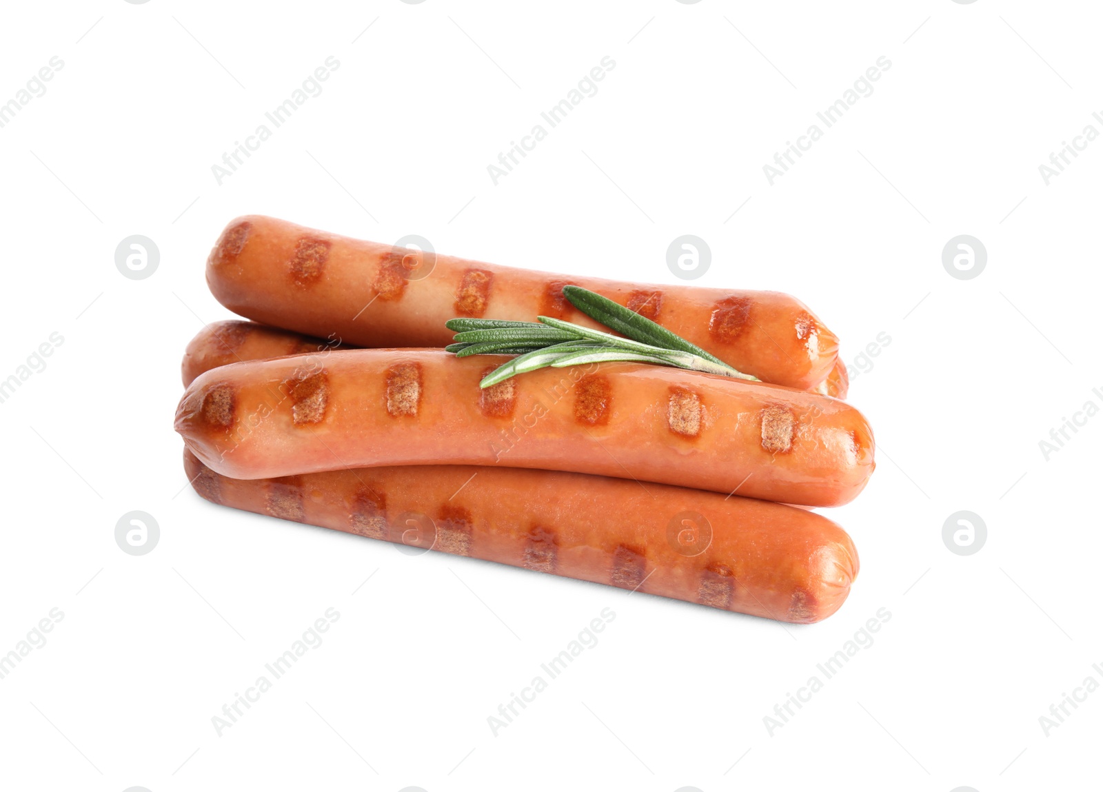 Photo of Grilled sausages and rosemary isolated on white