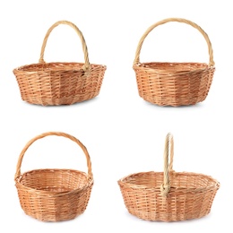 Image of Set with wicker baskets on white background