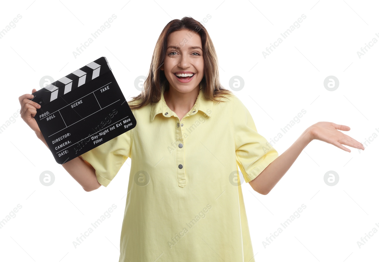 Photo of Making movie. Smiling woman with clapperboard on white background