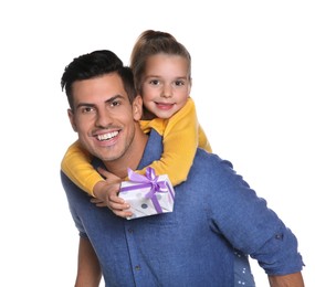 Photo of Man receiving gift for Father's Day from his daughter on white background