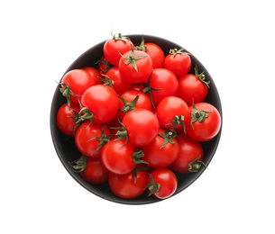 Fresh ripe cherry tomatoes in bowl on white background, top view