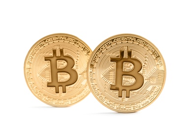 Gold bitcoins isolated on white. Digital currency