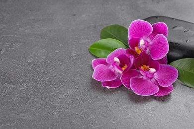 Spa stones and orchid flowers on grey background. Space for text