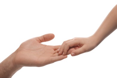 Photo of Man with child on white background, closeup