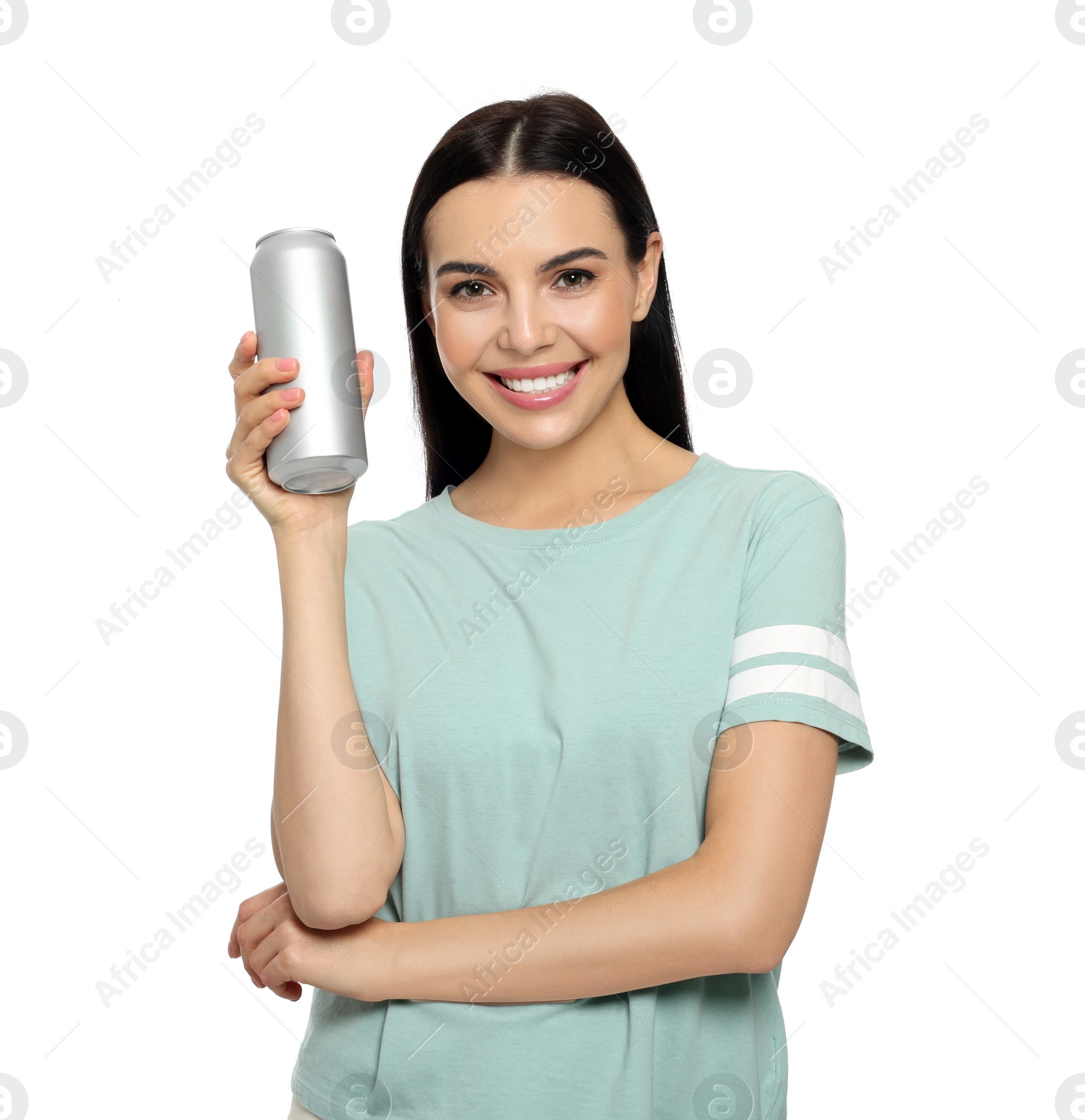 Photo of Beautiful happy woman holding beverage can on white background