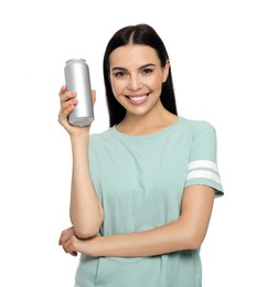 Photo of Beautiful happy woman holding beverage can on white background