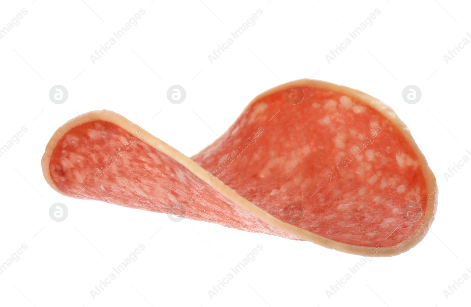 Photo of Piece of salami smoked sausage isolated on white