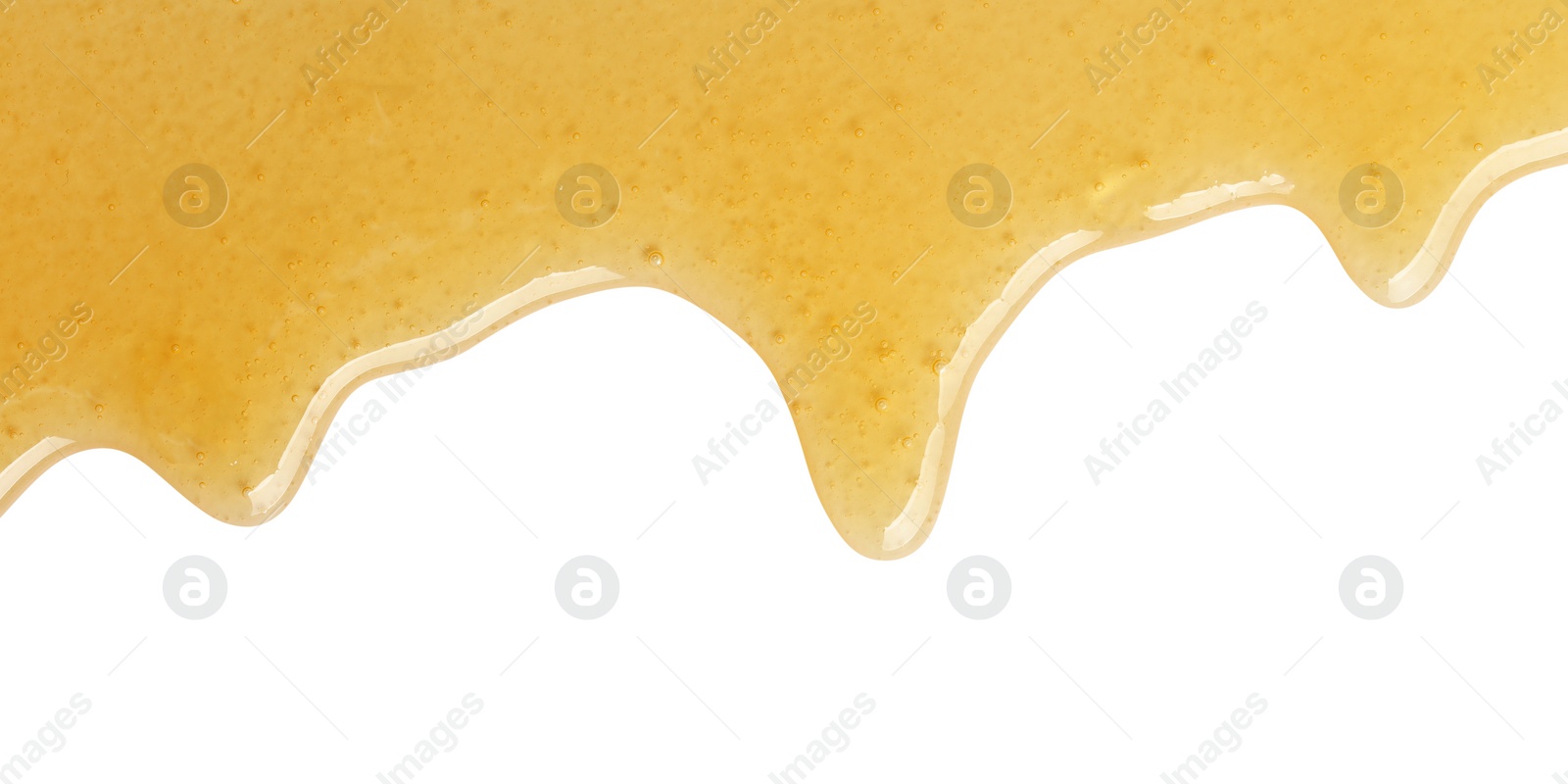 Photo of Tasty natural honey drips isolated on white, top view