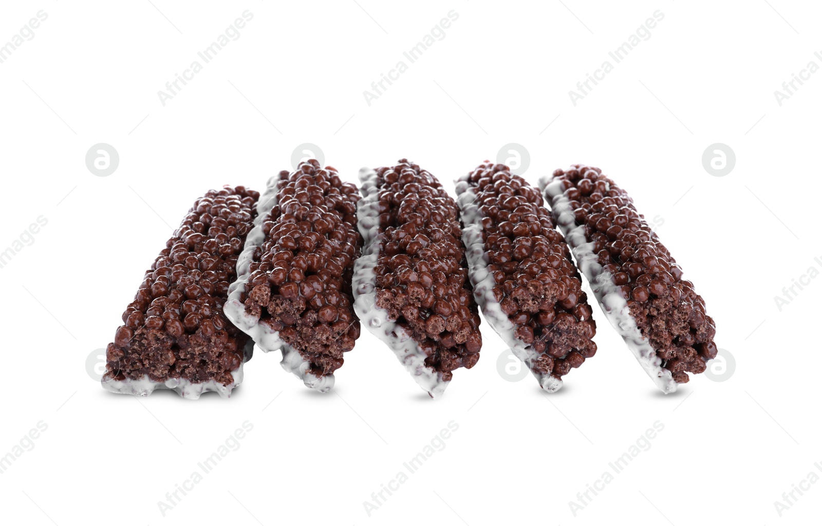 Photo of Delicious rice crispy treats on white background