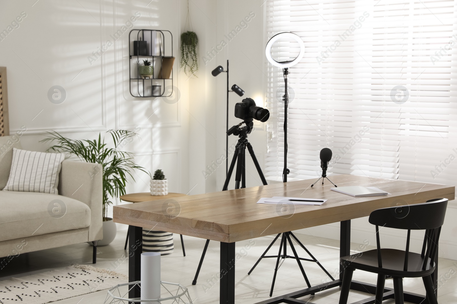 Photo of Ring light, camera and microphone for blogging in room