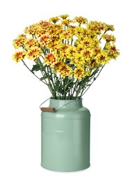 Photo of Vase with beautiful chrysanthemum flowers isolated on white