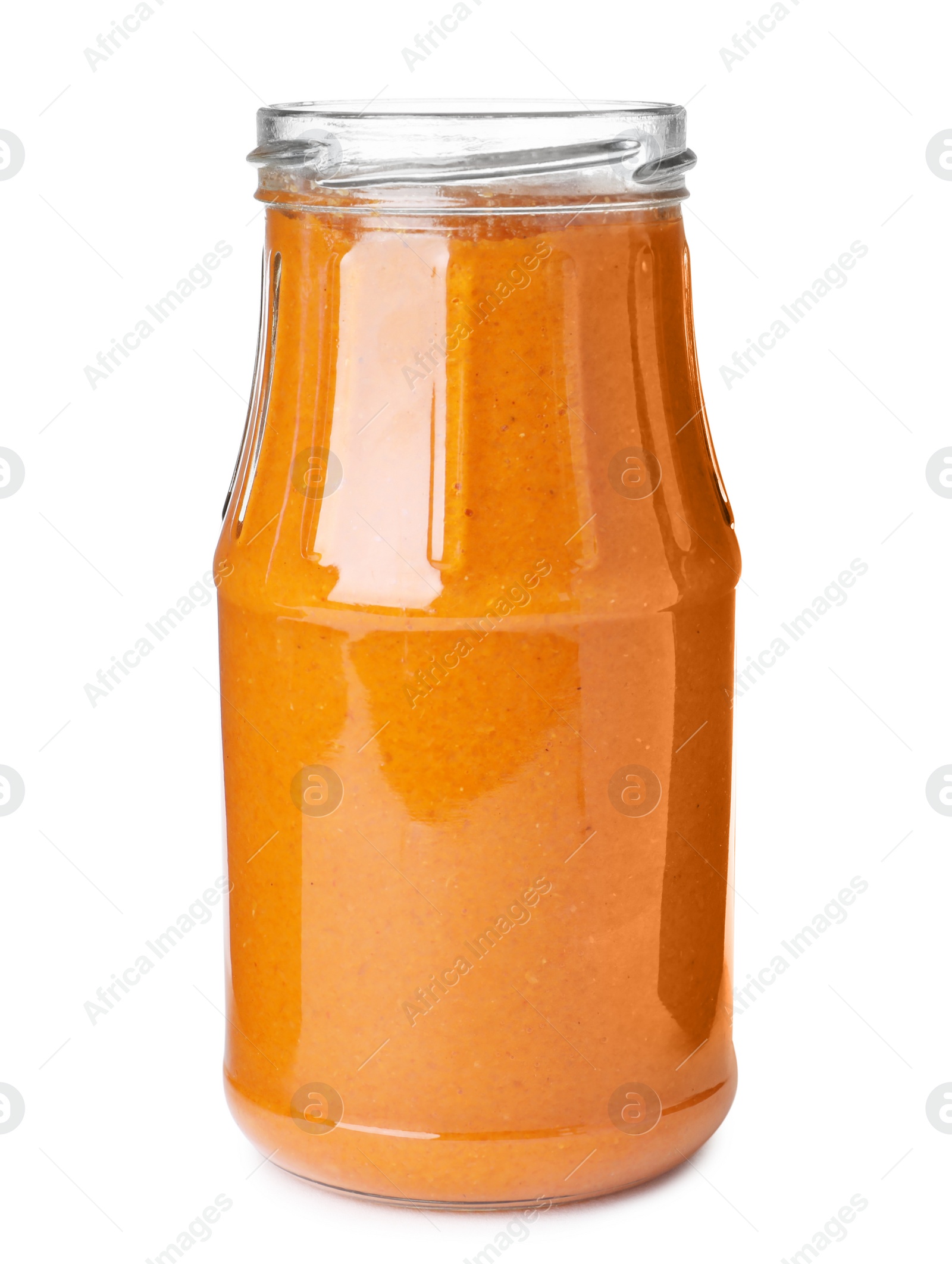 Photo of Glass jar with pickled squash spread isolated on white