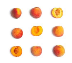 Composition with ripe peaches on white background, top view