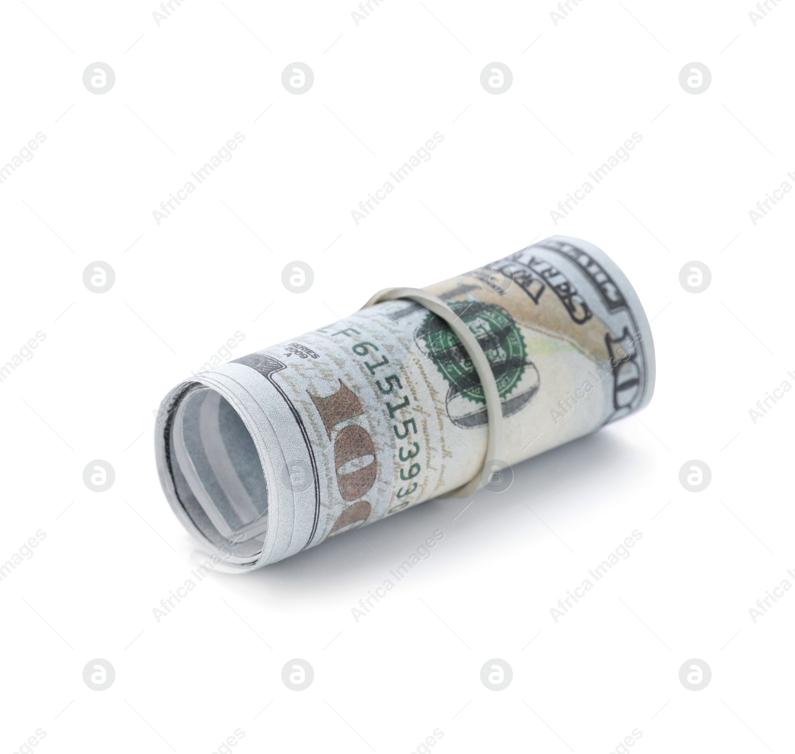 Photo of Rolled dollar banknotes isolated on white. American national currency