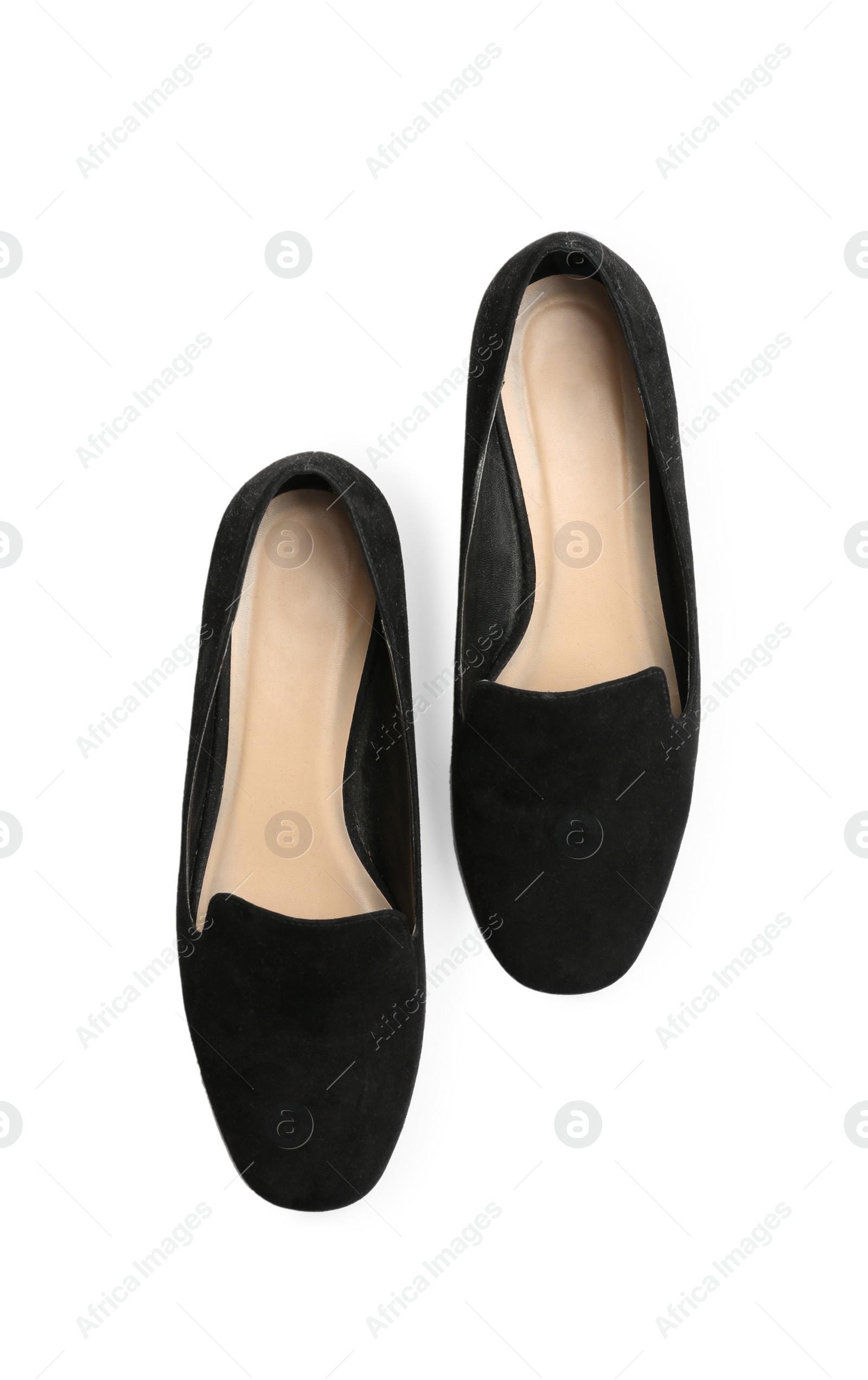 Photo of Stylish female shoes on white background, top view