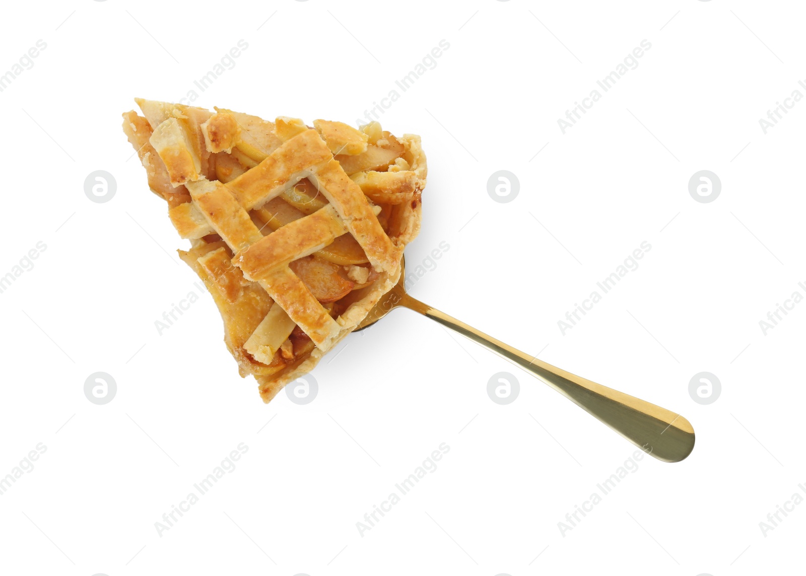 Photo of Cake server with piece of tasty homemade quince pie isolated on white, top view