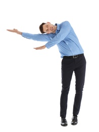 Man in office wear posing on white background