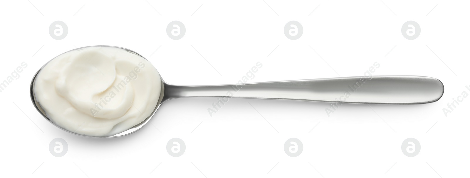 Photo of Spoon with tasty mayonnaise sauce isolated on white, top view