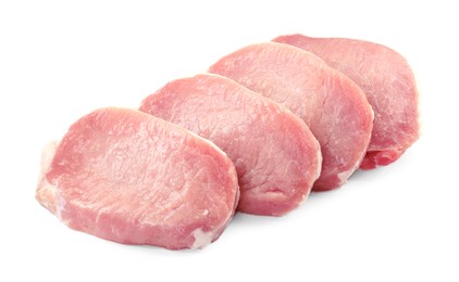 Photo of Pieces of raw pork meat isolated on white