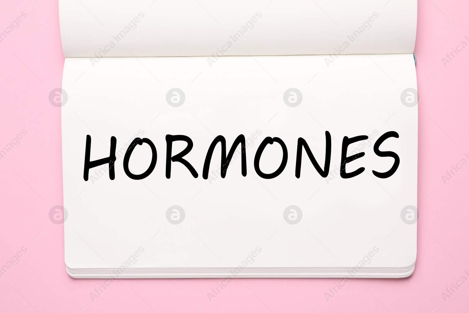 Photo of Notebook with word Hormones on pink background, top view