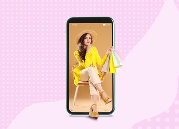 Image of Stylish woman with shopping bags looking out huge smartphone on color background. Design for advertising