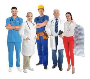 Collage with people of different professions on white background