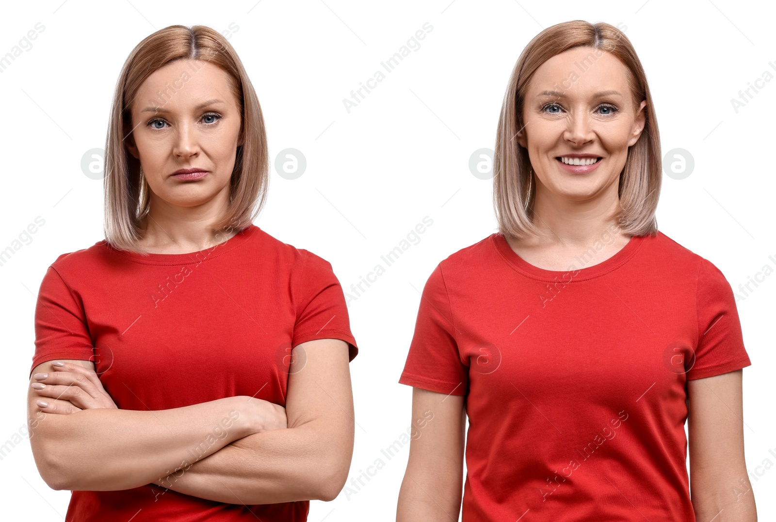 Image of Woman showing different emotions on white background, collage