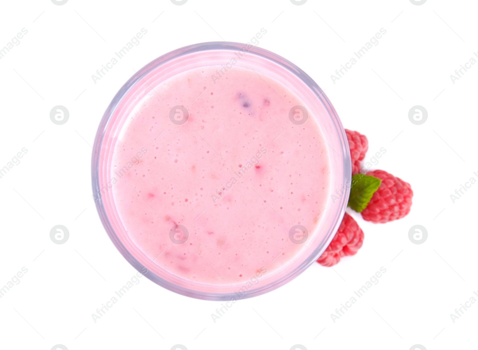 Photo of Tasty raspberry smoothie in glass isolated on white, top view