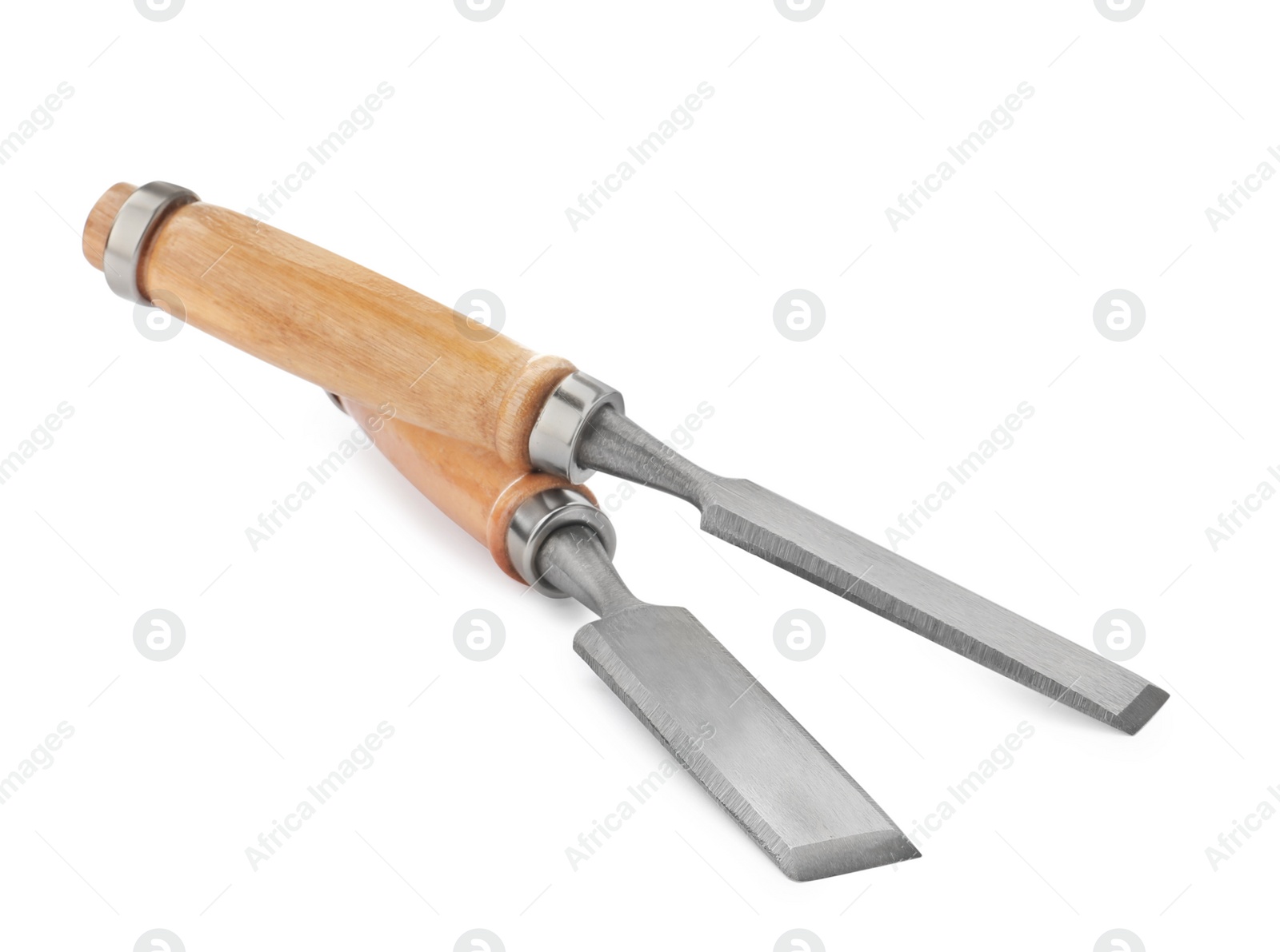 Photo of Modern chisels isolated on white. Carpenter's tools