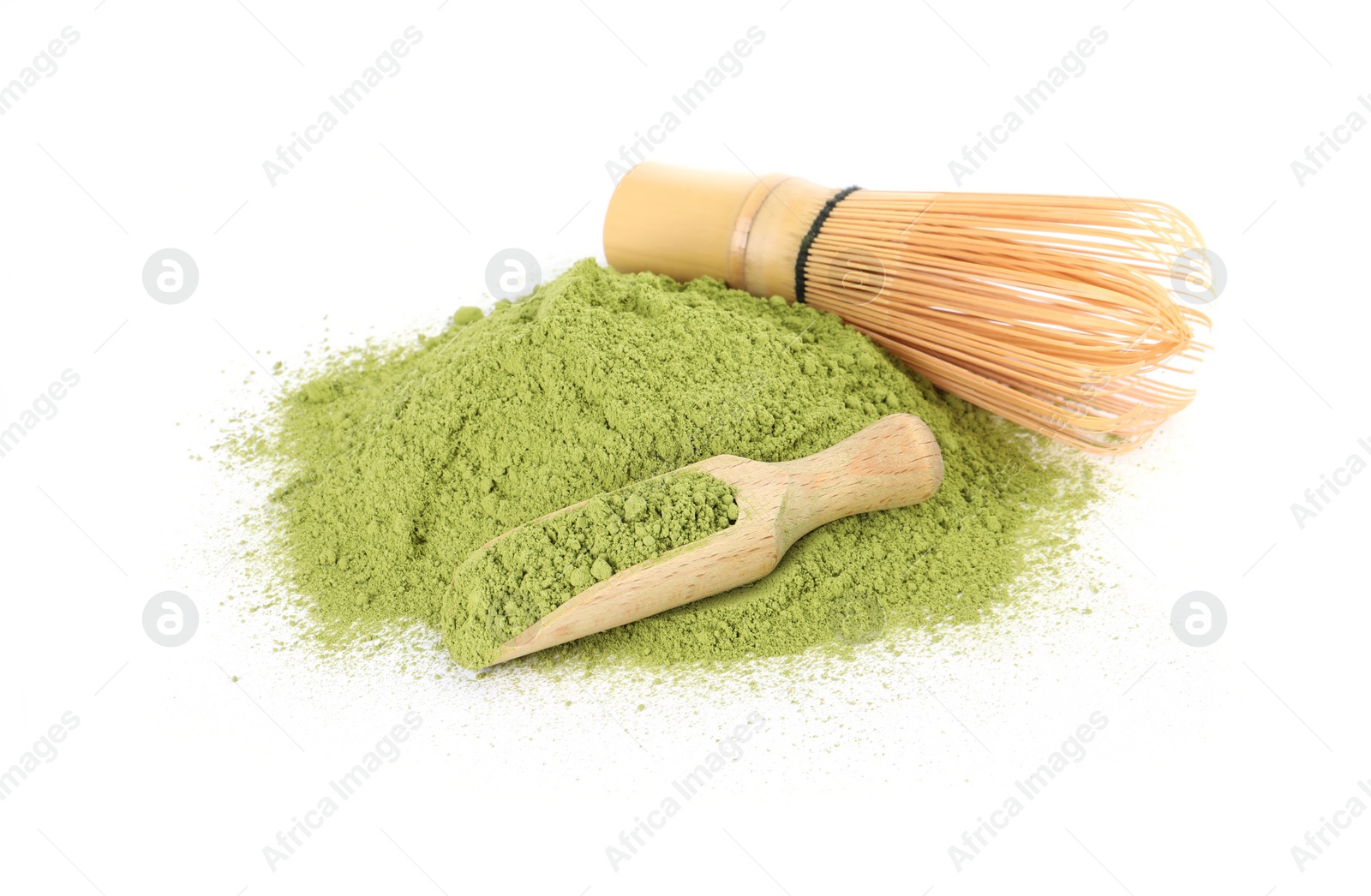 Photo of Bamboo whisk and scoop with matcha powder isolated on white