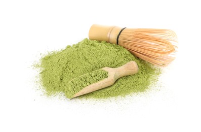 Photo of Bamboo whisk and scoop with matcha powder isolated on white