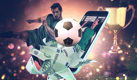 Image of Win on sports betting, online bookmaker service. Football player, soccer ball, euro banknotes, golden trophy cup, mobile phone. Banner design