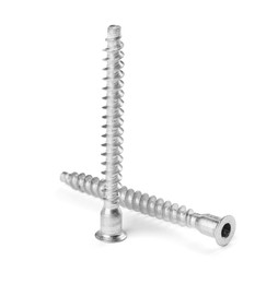 Photo of Metal countersunk screws on white. Hardware tool