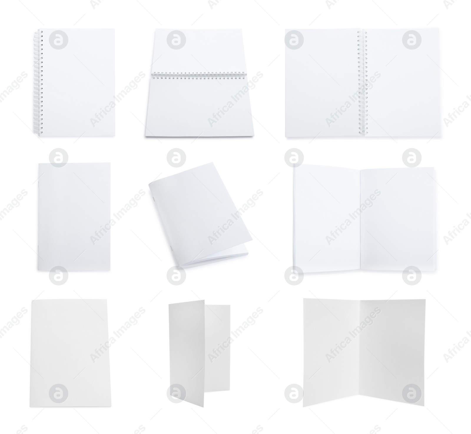 Image of Set with blank paper brochures on white background. Mockup for design