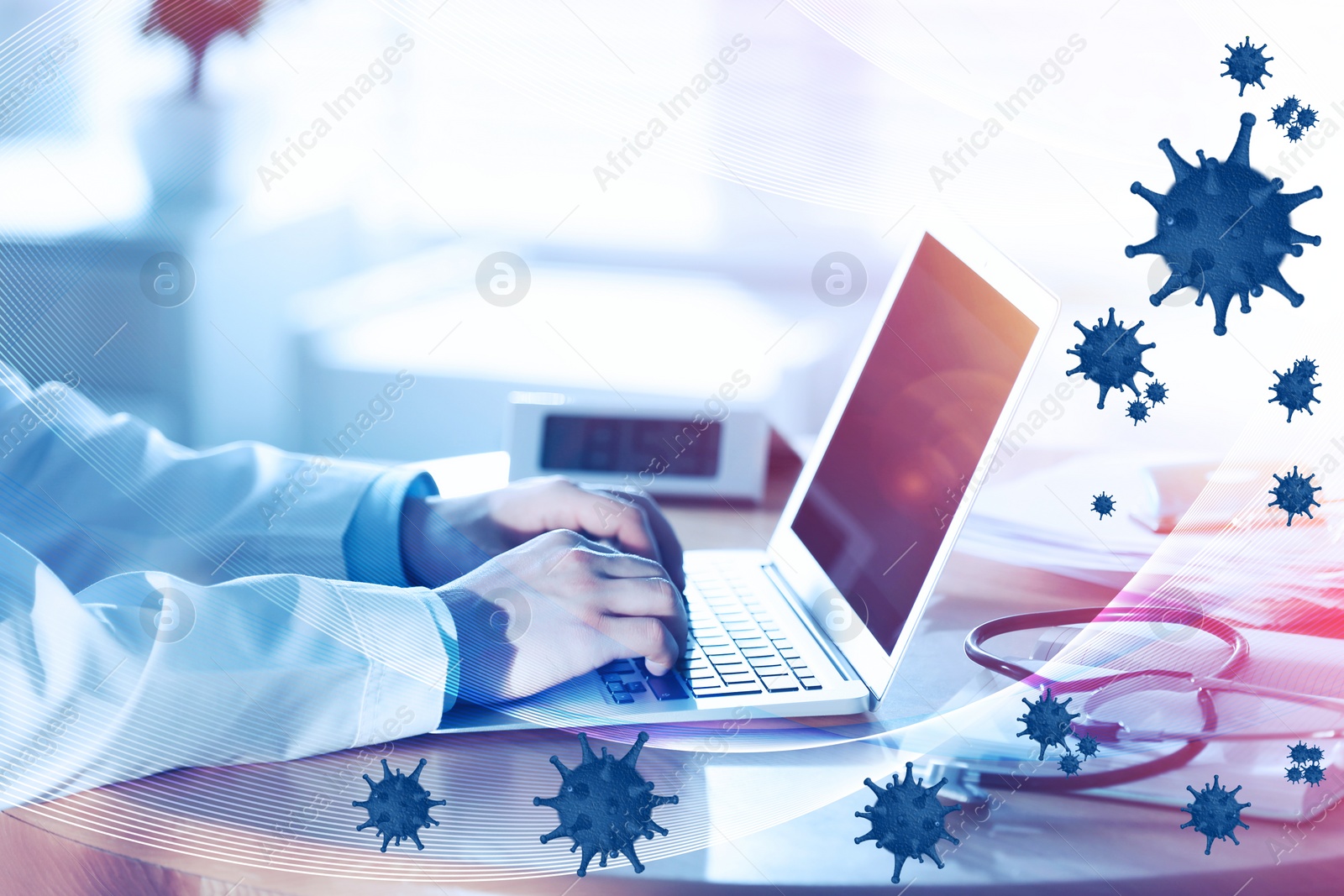 Image of Science technology concept. Professional doctor working on laptop in office, closeup