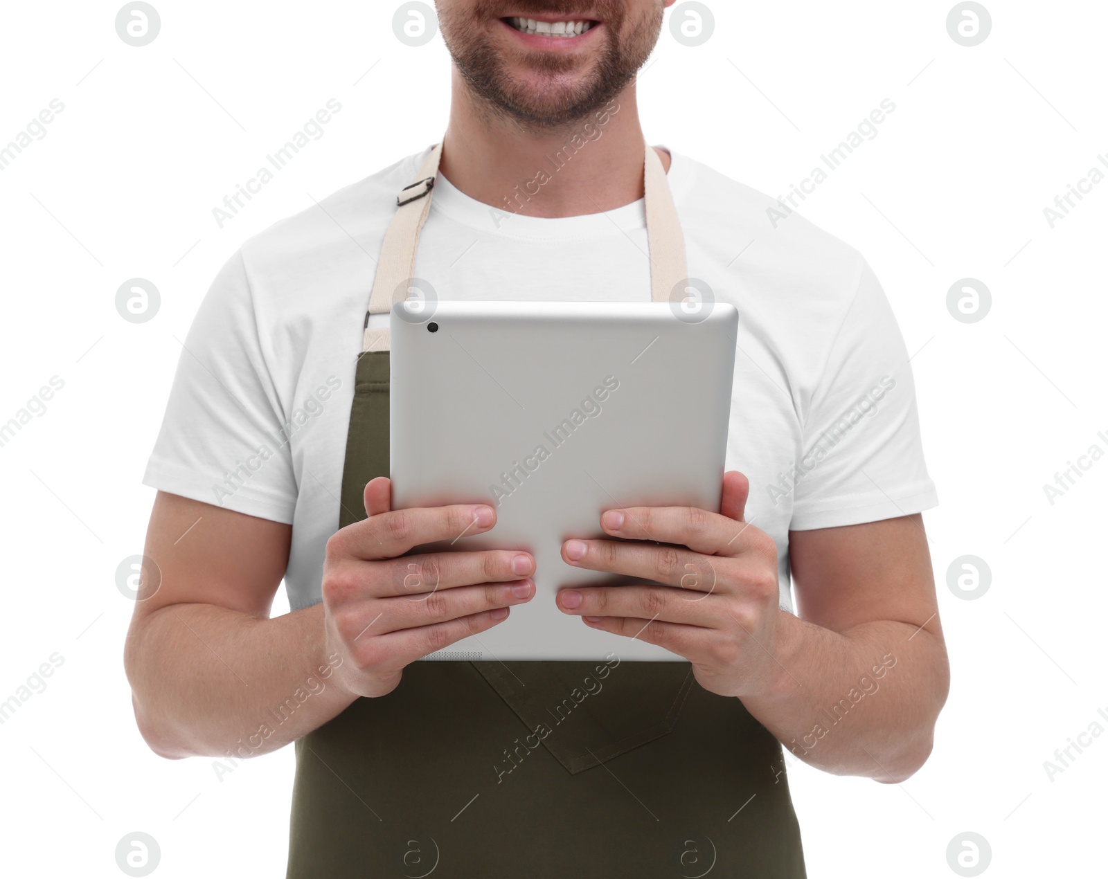 Photo of Smiling man with tablet on white background, closeup