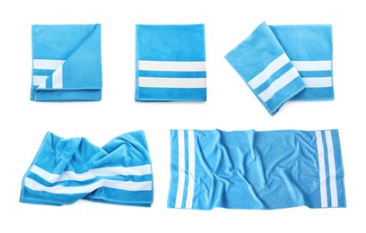 Image of Set with soft towels on white background, top view 